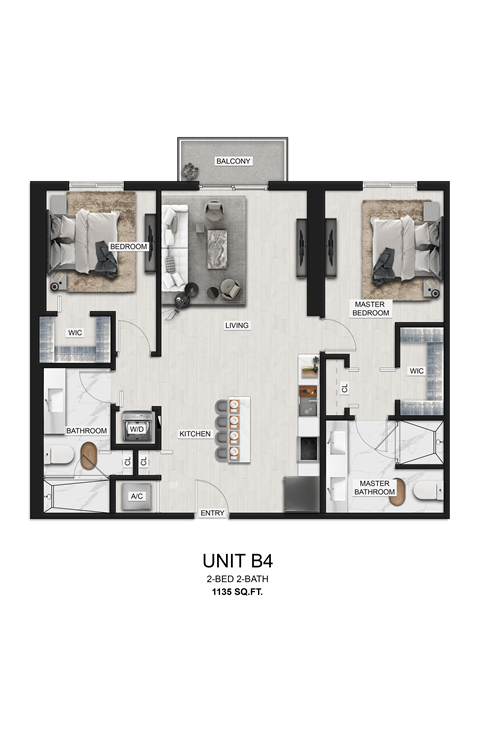 Floor plan for 2 beds, 2 baths, 1135 sqft